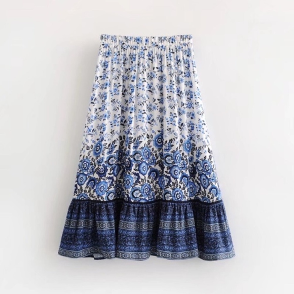 BLUE ruffle Boho gypsy floral print MAxi skirt - Picture 9 of 10